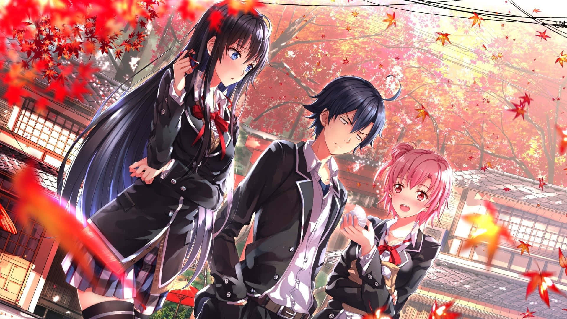 Japanese Culture 桌布 壁紙 — 三名身穿校服的動漫青少年站在傳統日本庭院中鮮紅楓葉的樹冠下。