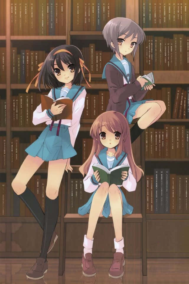 Mikuru Asahina 桌布 壁紙 — 三名身穿校服的動畫女孩在舒適的圖書館中，在高聳的木書架間閱讀書籍。