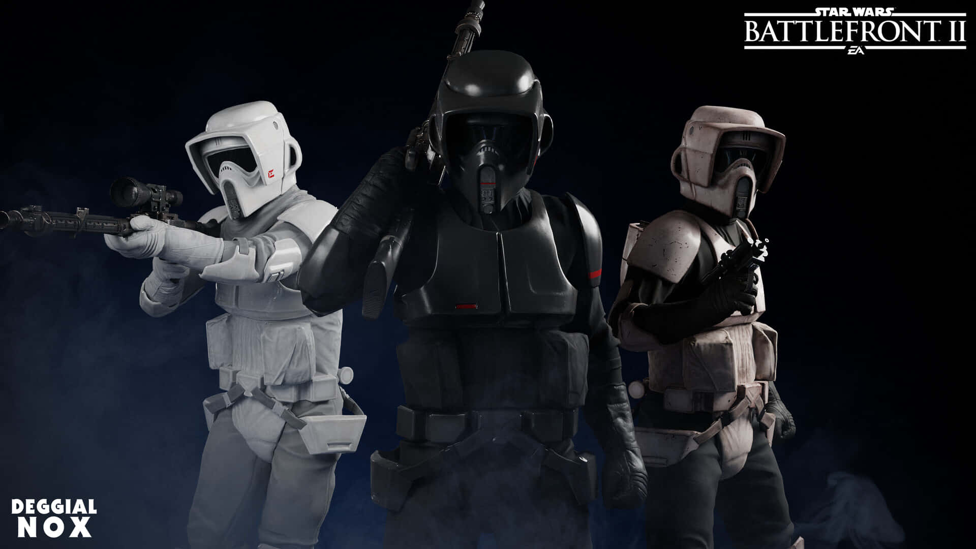 Imperial Army 桌布 壁紙 — 三名身穿白色、黑色和棕褐色盔甲的星際大戰士兵，在黑暗煙霧繚繞的背景中手持武器準備就緒。