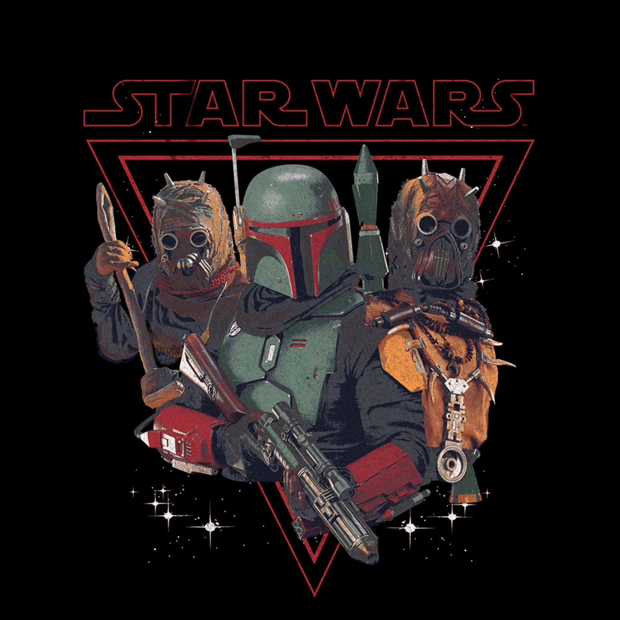 Tusken Raiders 桌布 壁紙 — 三名身穿盔甲和面具的星際大戰賞金獵人站在黑色背景前，帶有紅色三角形和星爆效果。