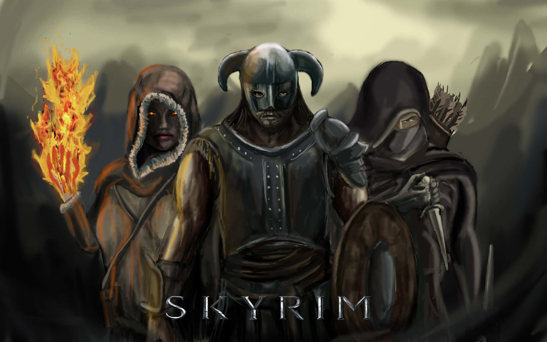 Skyrim Mage 桌布 壁紙 — 三名身穿盔甲的奇幻戰士站在陰暗的山地景觀中，一人手持燃燒的火把，另一人拿著弓箭。