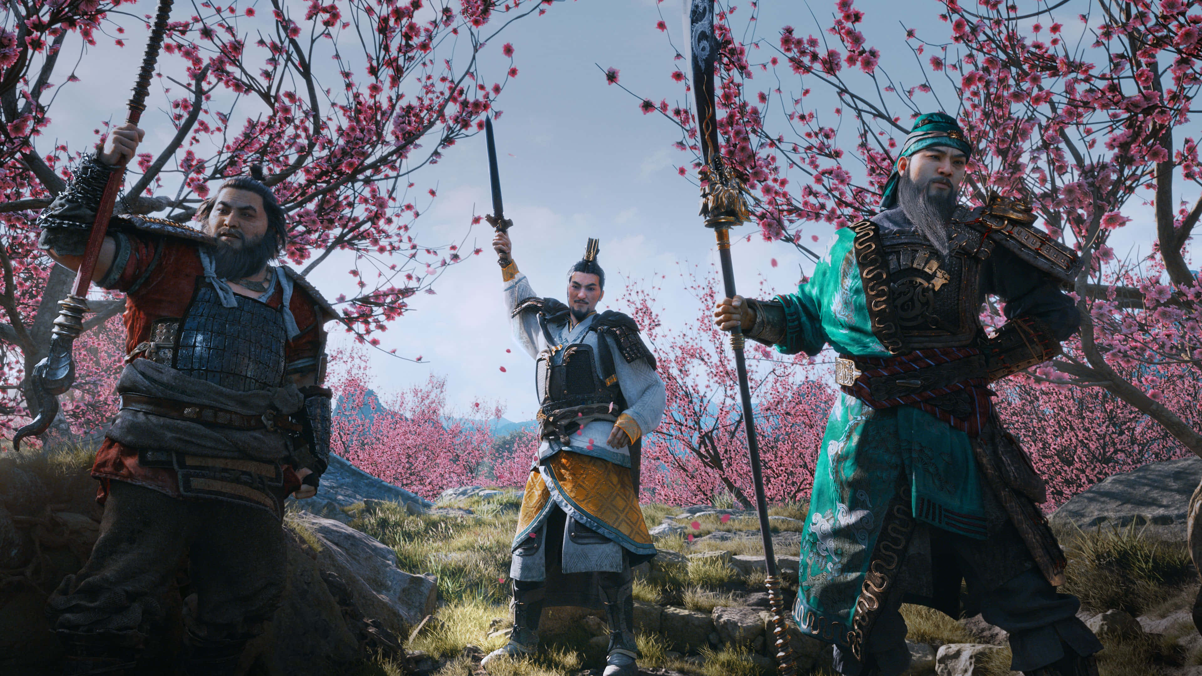 Strategy Games 桌布 壁紙 — 三名身穿盔甲的戰士在岩石戶外環境中，站在盛開的粉紅色櫻花樹下。