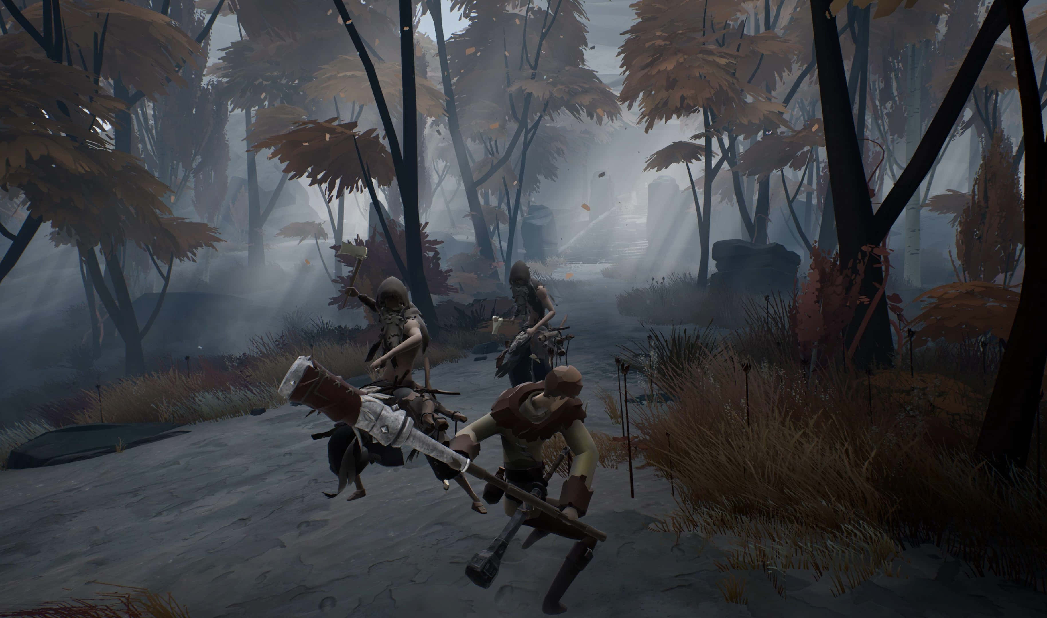 Ashen 桌布 壁紙 — 三名身穿盔甲的戰士在霧氣瀰漫的秋日森林中交鋒，陽光穿過光禿的樹木。