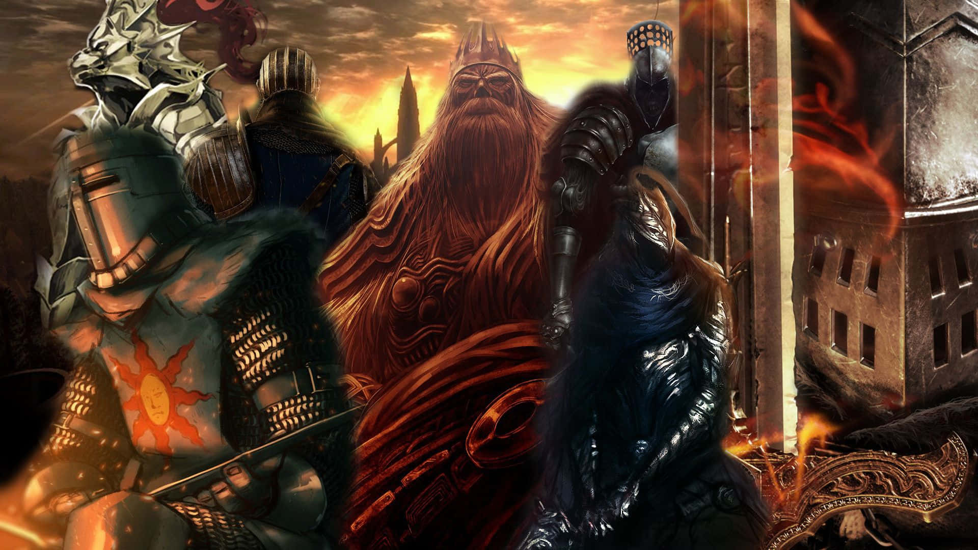 Dark Souls Bosses 桌布 壁紙 — 三名身穿盔甲的戰士站在夕陽下燃燒的城堡前，中間有一位留鬍子的國王。