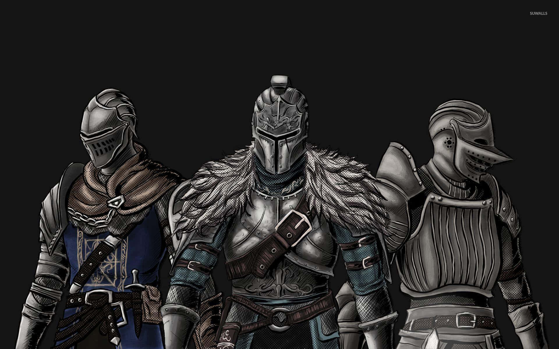 Dragon Slayer Ornstein 桌布 壁紙 — 三名身穿精細中世紀盔甲的騎士，帶著羽毛肩甲和複雜的金屬工藝，莊嚴地站在黑暗背景前。