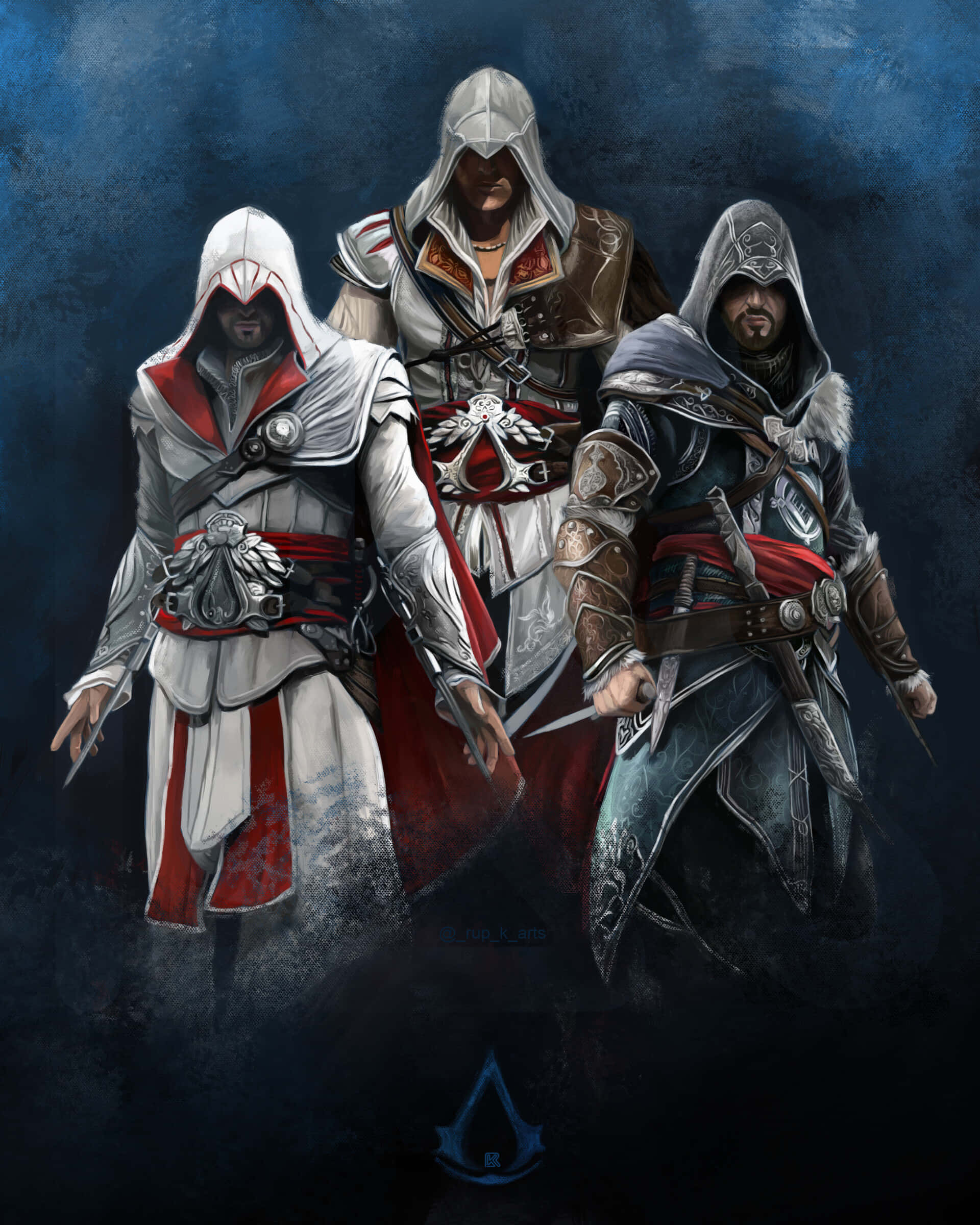 Ezio Auditore 桌布 壁紙 — 三名身穿精細白、紅、藍長袍的戴 hood 刺客，在陰暗憂鬱的藍色背景前持刃擺出姿勢。