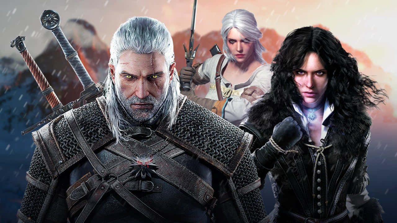 The Witcher Characters 桌布 壁紙 — 三名身穿精細盔甲的兇猛奇幻戰士，準備在暴風雨的山景背景下戰鬥。