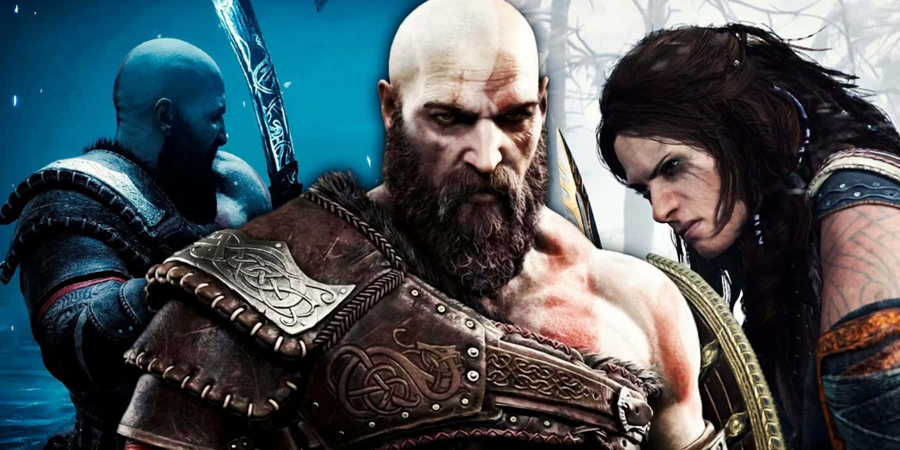 God Of War Characters 桌布 壁紙 — 三名身穿精細盔甲的兇猛戰士，在冰冷的藍色背景下準備戰鬥。