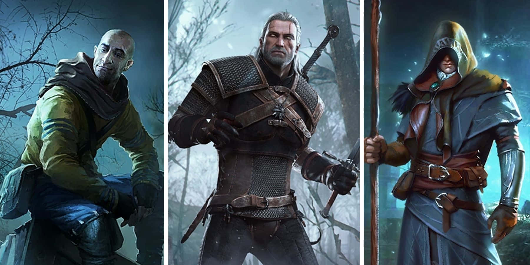The Witcher Characters 桌布 壁紙 — 三名身穿精細盔甲的奇幻戰士，在暮色中霧氣瀰漫的森林裡，周圍是光禿禿的樹木和戲劇性的光線。