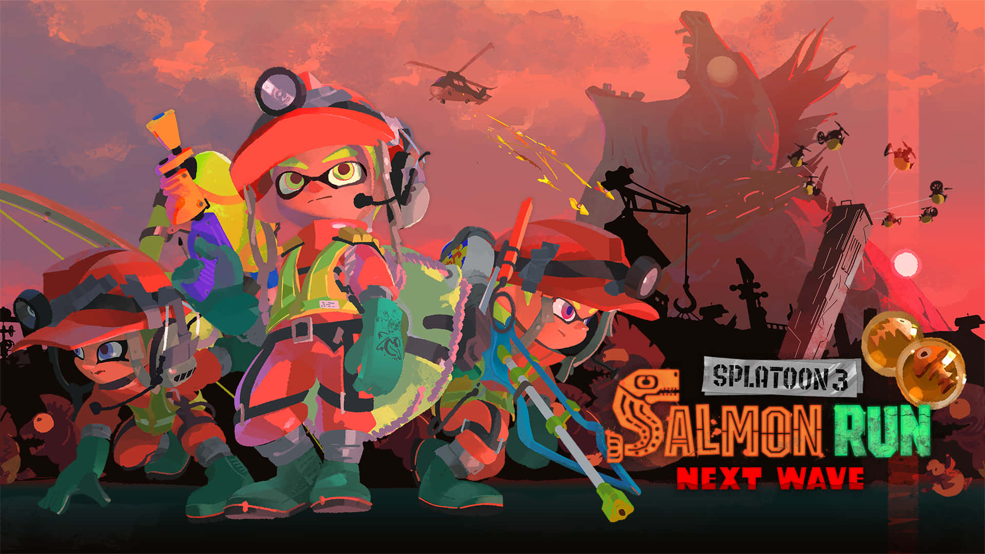 splatoon 桌布 壁紙 — 三名身穿紅色裝備的Splatoon 3角色，在熾熱的日落背景下，手持武器，準備就緒，背景中還有巨型魷魚剪影和直升機。