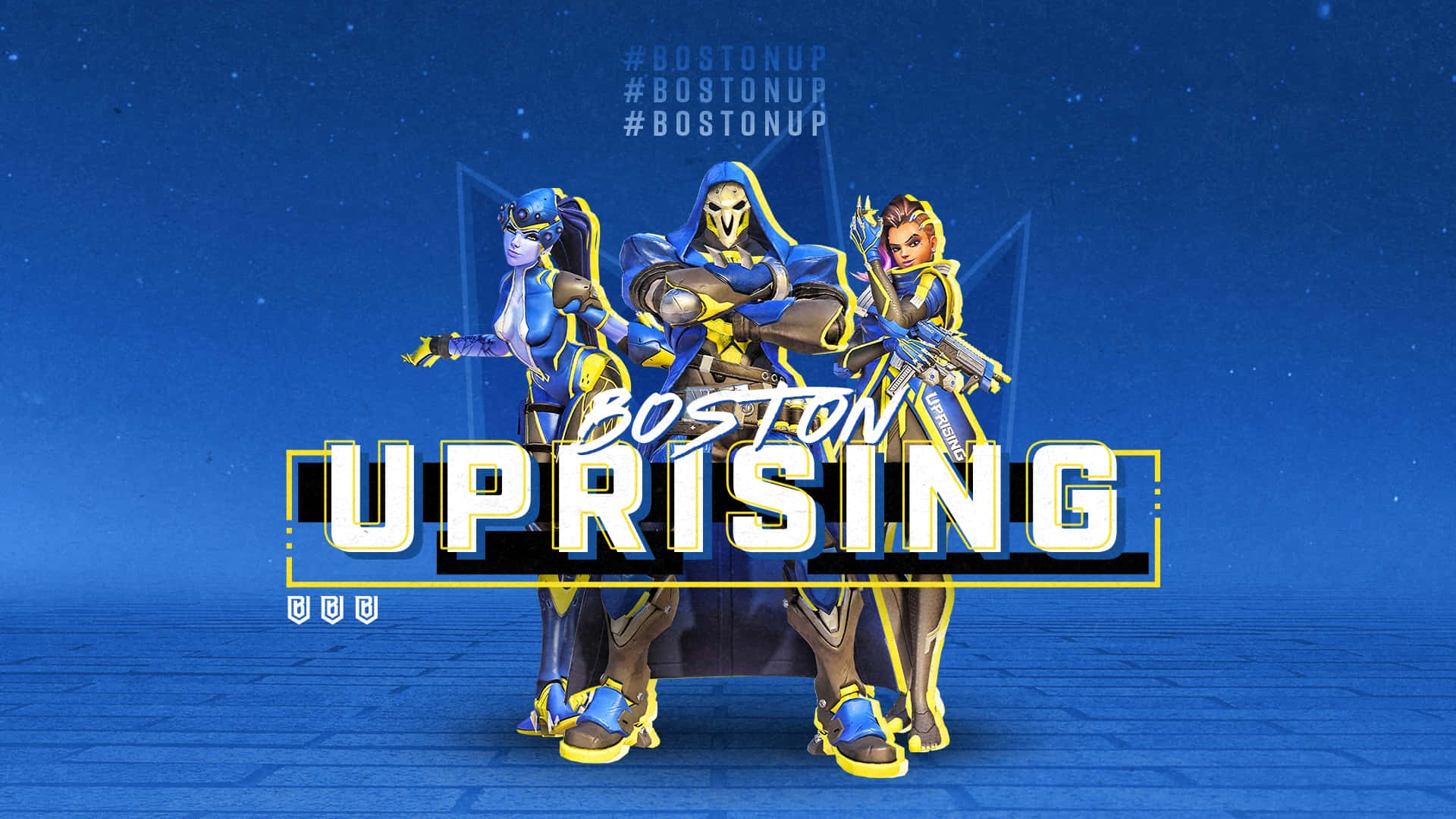 Overwatch League 桌布 壁紙 — 三名身穿藍色和黃色裝備的《鬥陣特攻》英雄自信地站在星空藍色背景前，背景上有「Boston Uprising」字樣。