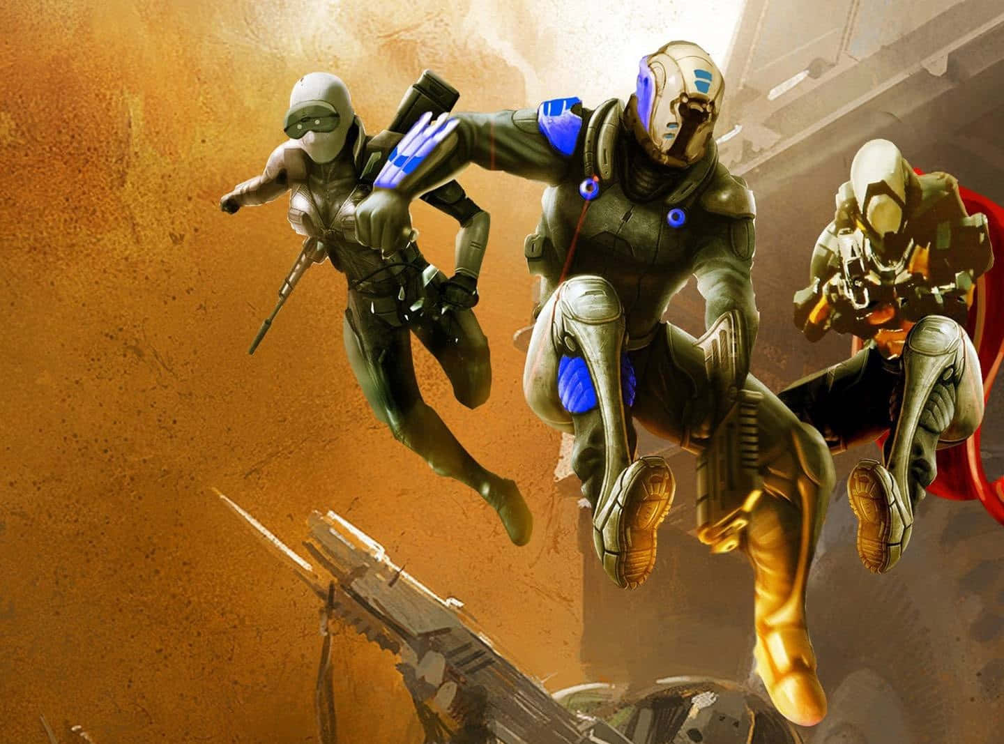 Destiny Characters 桌布 壁紙 — 三名身穿裝甲嘅未來士兵，手持武器，動態咁跳過一個佈滿灰塵嘅橙色戰場。