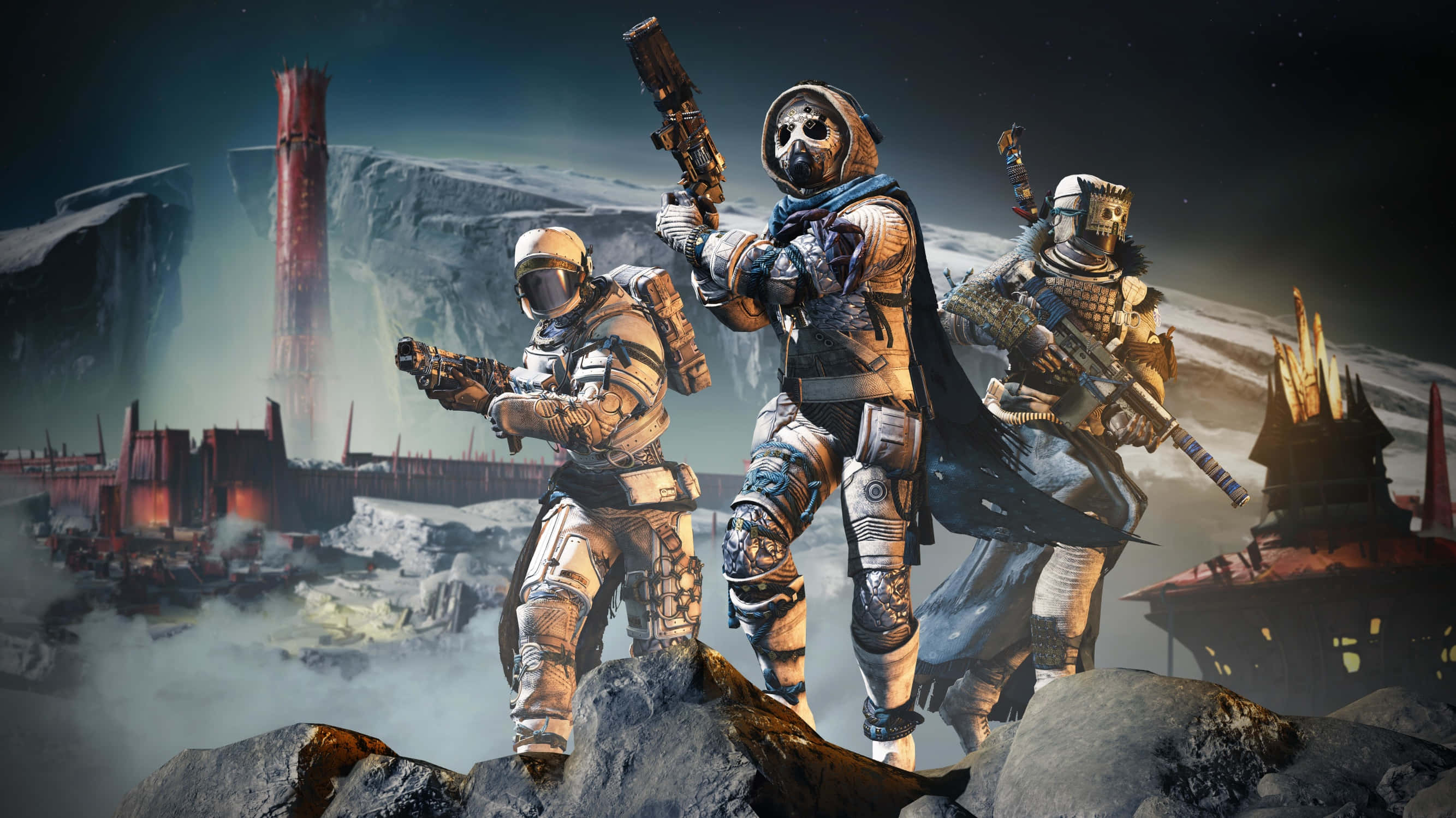 Destiny Characters 桌布 壁紙 — 三名身穿裝甲的太空士兵站在岩石地形上，背景是白雪覆蓋的外星景觀，帶有發光的紅色結構。