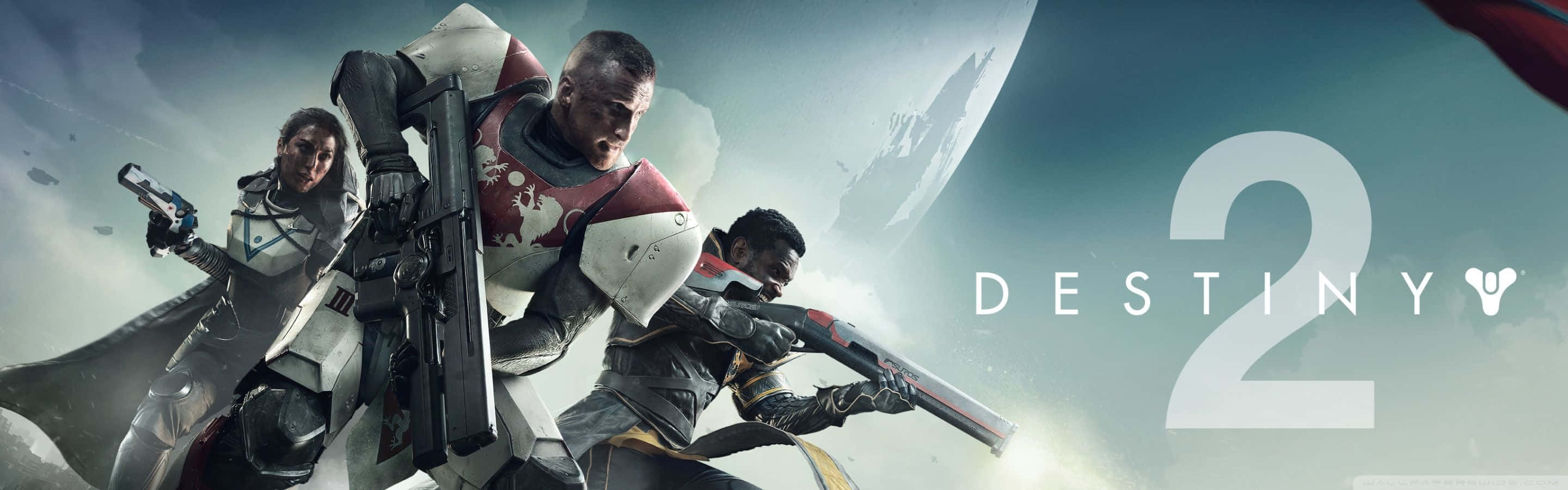 2 Monitor 桌布 壁紙 — 三名身穿裝甲的太空戰士，在帶有巨大月亮和Destiny 2標誌的宇宙背景下擺出動態戰鬥姿勢。