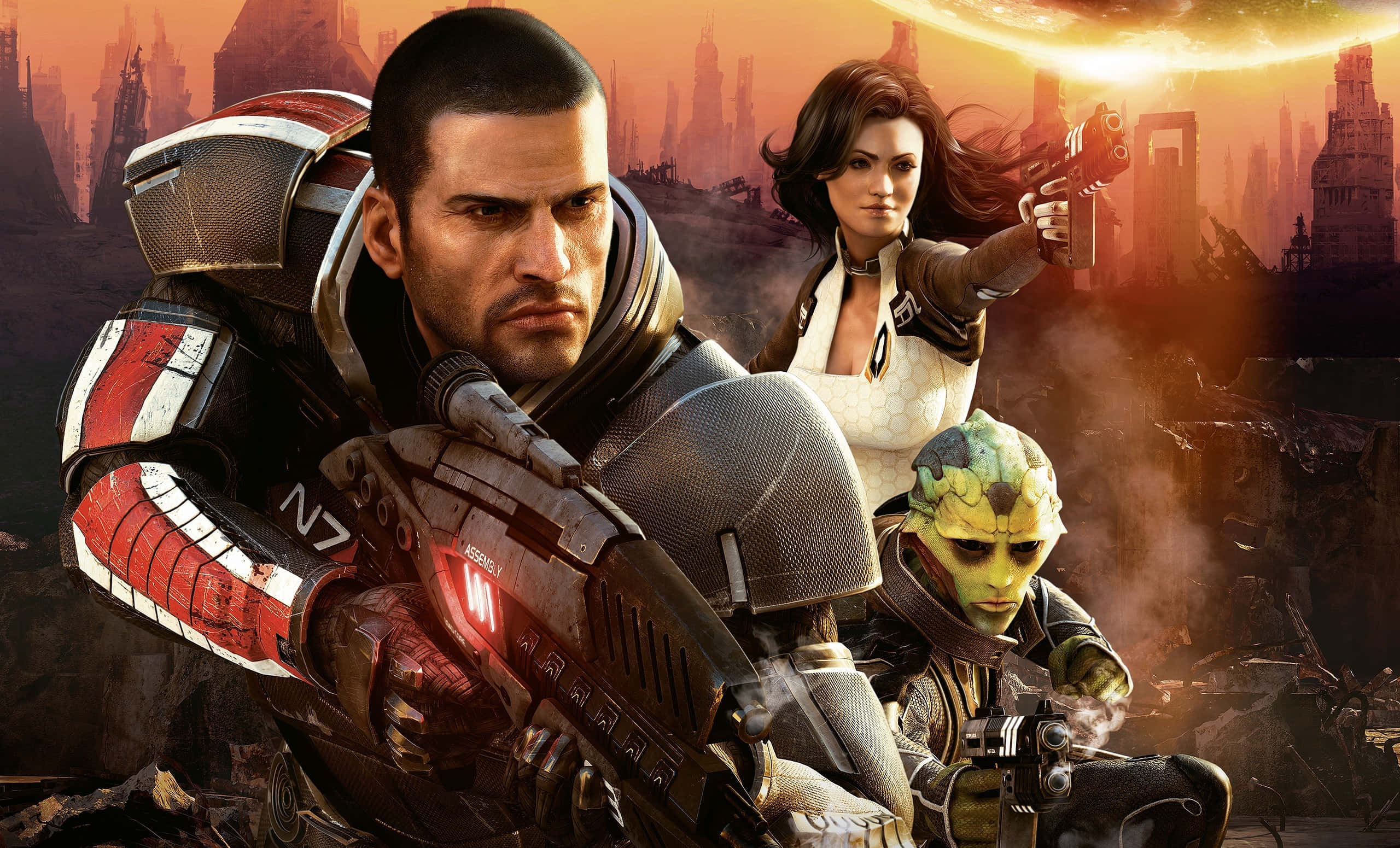 Mass Effect Characters 桌布 壁紙 — 三名身穿裝甲的太空戰士在廢墟中的未來城市中，於熾熱的橙色太陽下準備就緒。