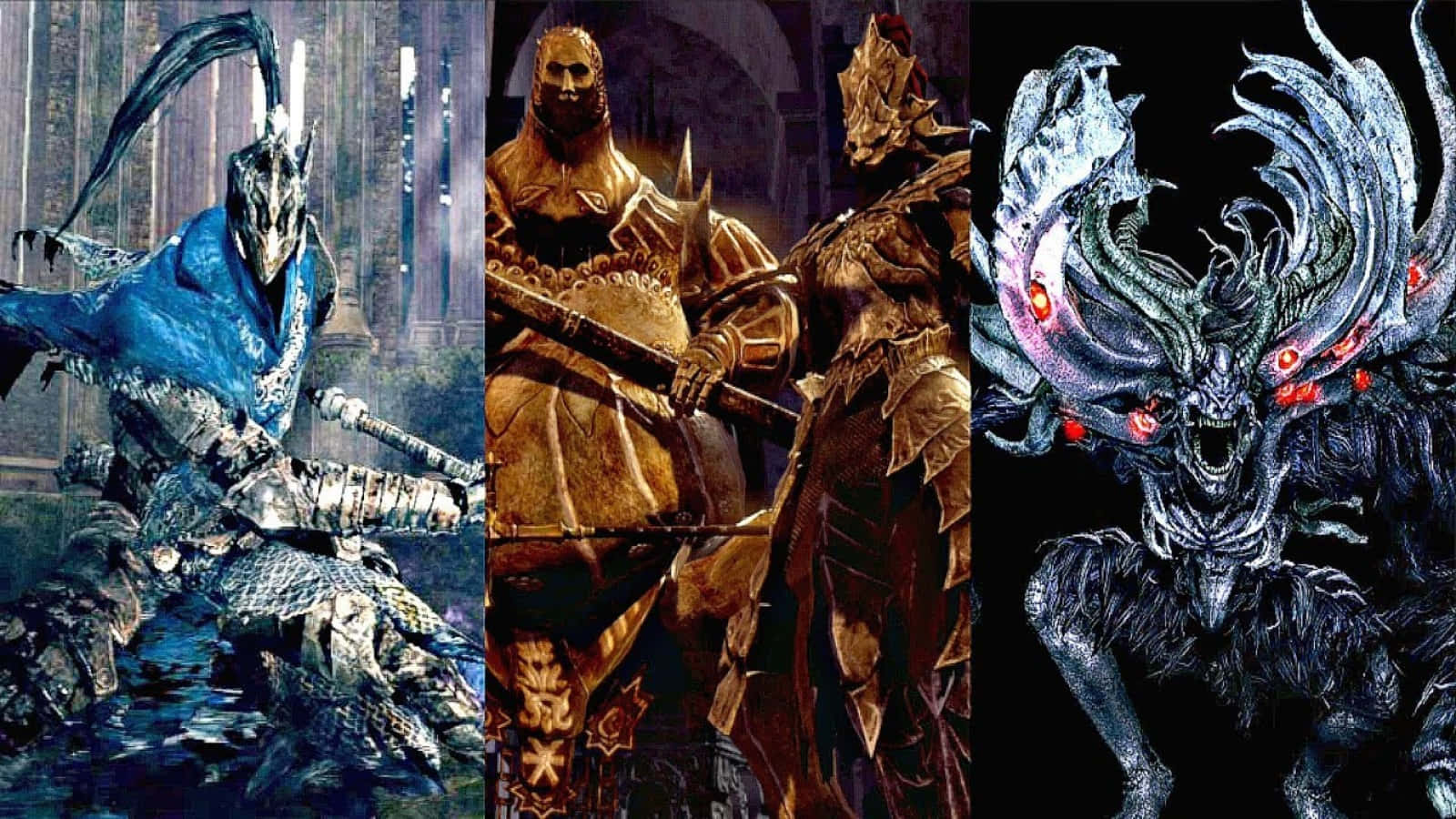 Dark Souls Bosses 桌布 壁紙 — 三名身穿裝甲的戰士與一個身穿黑暗奇幻鎧甲的怪物在哥德式大教堂中交戰。