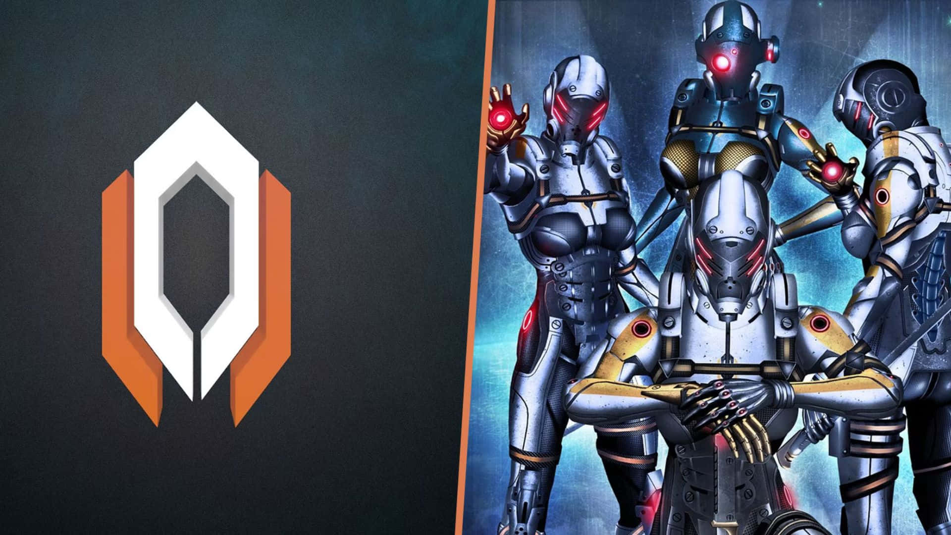 Mass Effect Cerberus 桌布 壁紙 — 三名身穿銀色盔甲、眼睛發出紅光的網絡戰士，在深藍色背景前，站在一個幾何標誌旁邊，準備就緒。