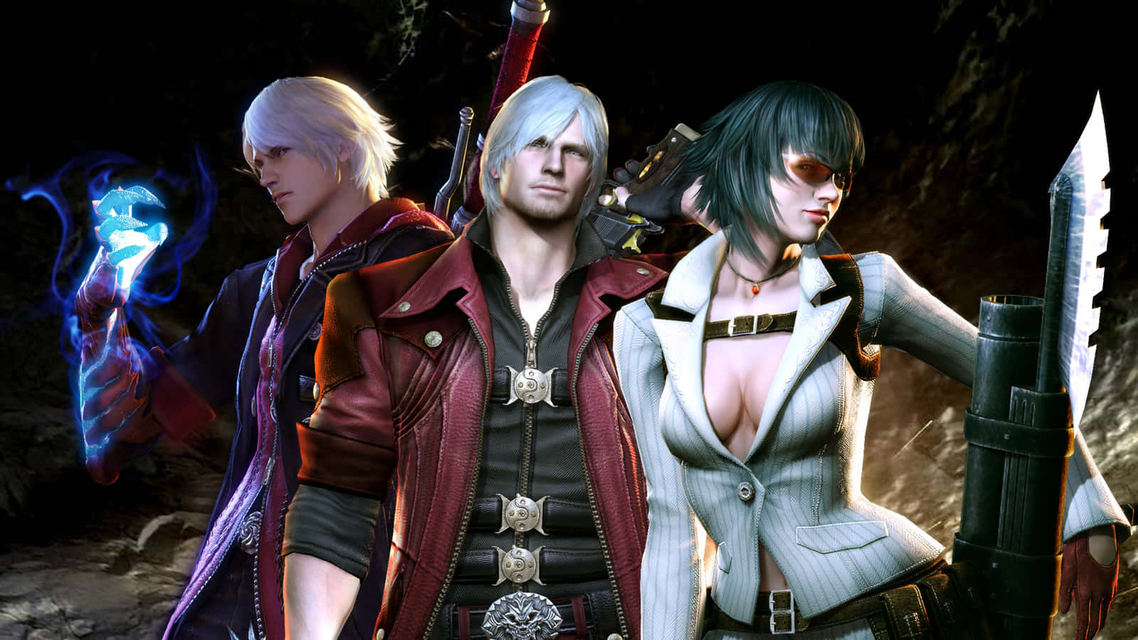 Devil May Cry Characters 桌布 壁紙 — 三名身穿鎧甲的戰士站在黑暗洞穴中，一人發出藍色魔法，另一人持劍，第三人持大刀。