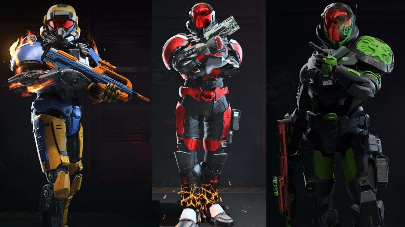 Halo Spartans 桌布 壁紙 — 三名身穿鮮豔裝備的未來裝甲士兵在黑暗背景下持槍待命。