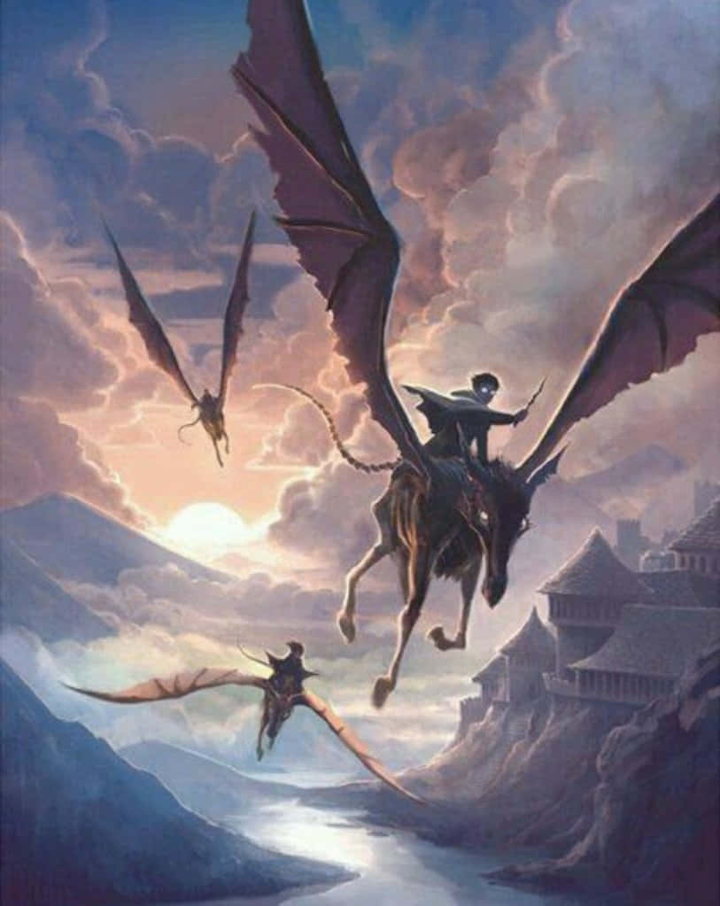 Thestral 桌布 壁紙 — 三名騎龍者在日落時分飛越山谷，下方懸崖上有一座城堡。