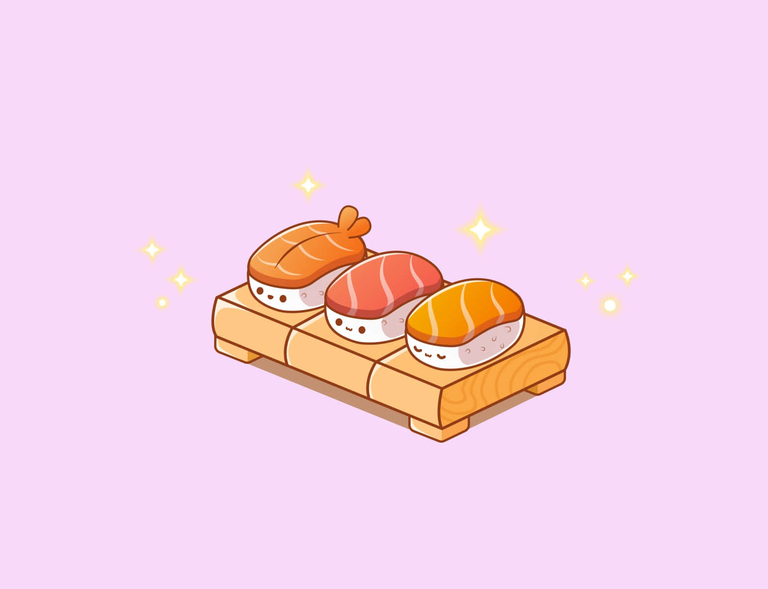Sushi 桌布 壁紙 — 三塊可愛卡通壽司有表情，坐在木托盤上，背景是柔和的粉紅色帶閃粉。