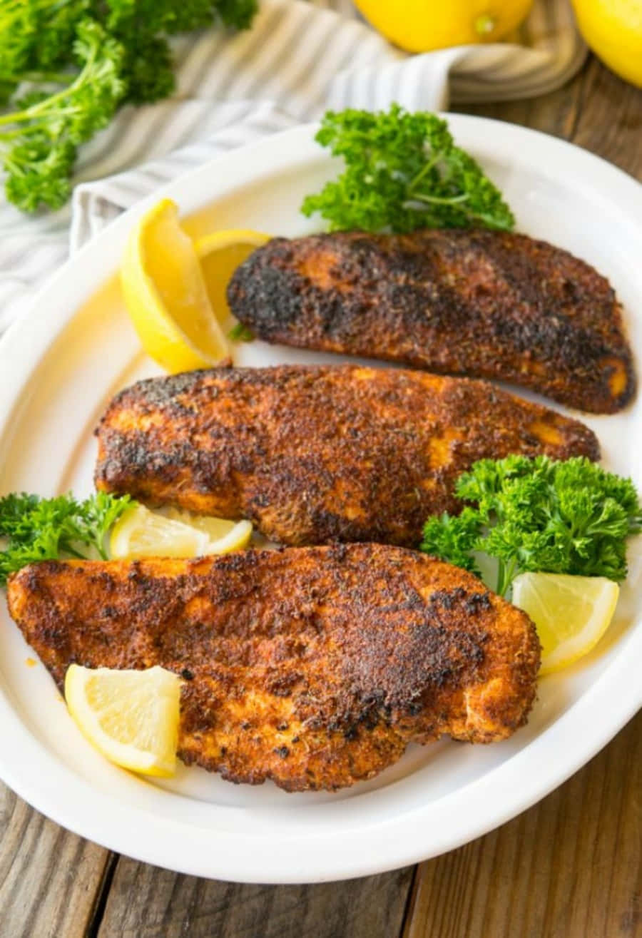 Blackened Chicken 桌布 壁紙 — 三塊香脆調味雞胸肉，配以檸檬角和新鮮歐芹，放在白色碟上。
