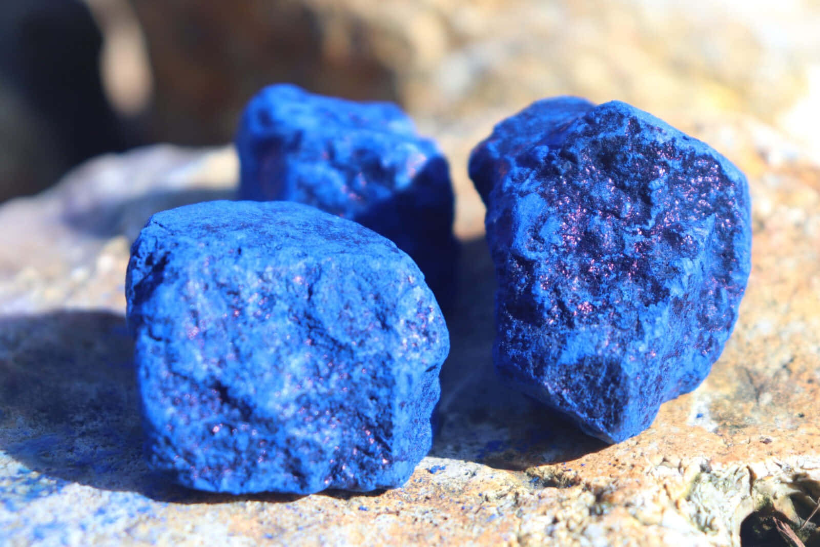 Indigo Blue 桌布 壁紙 — 三塊鮮藍色礦物樣本，帶有閃爍的紫色斑點，放置在陽光照射的紋理岩石上。