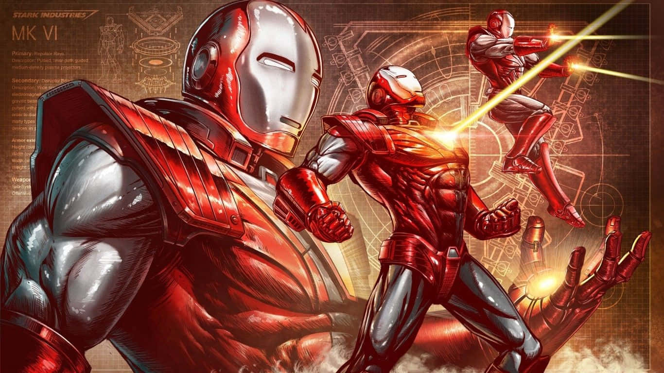 1366x768 Marvel 桌布 壁紙 — 三套紅銀色裝甲的鐵甲奇俠套裝，在科技示意圖背景下以能量光束戰鬥。