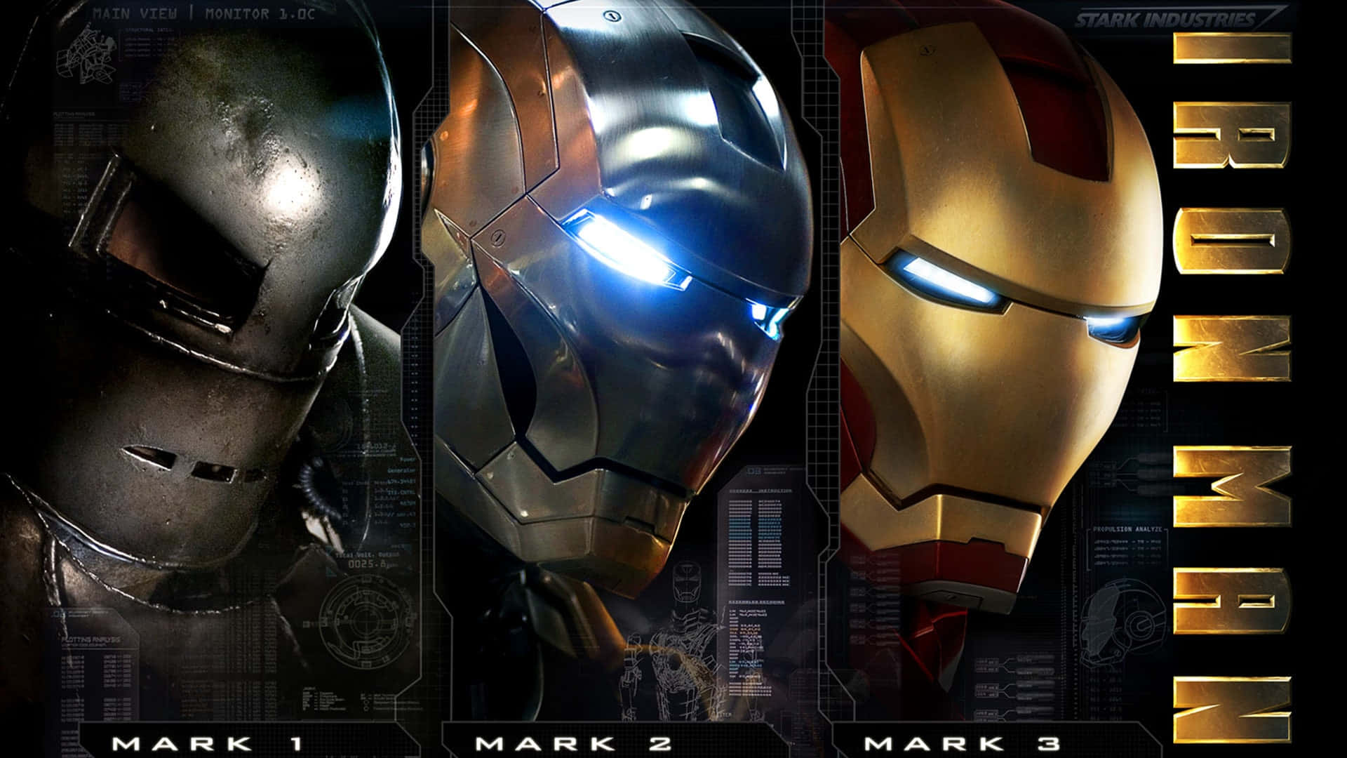 Superhero Movies 桌布 壁紙 — 三套鐵甲奇俠裝甲 Mark 1、2 和 3 並排展示，帶有發光的眼睛和科技HUD覆蓋層。
