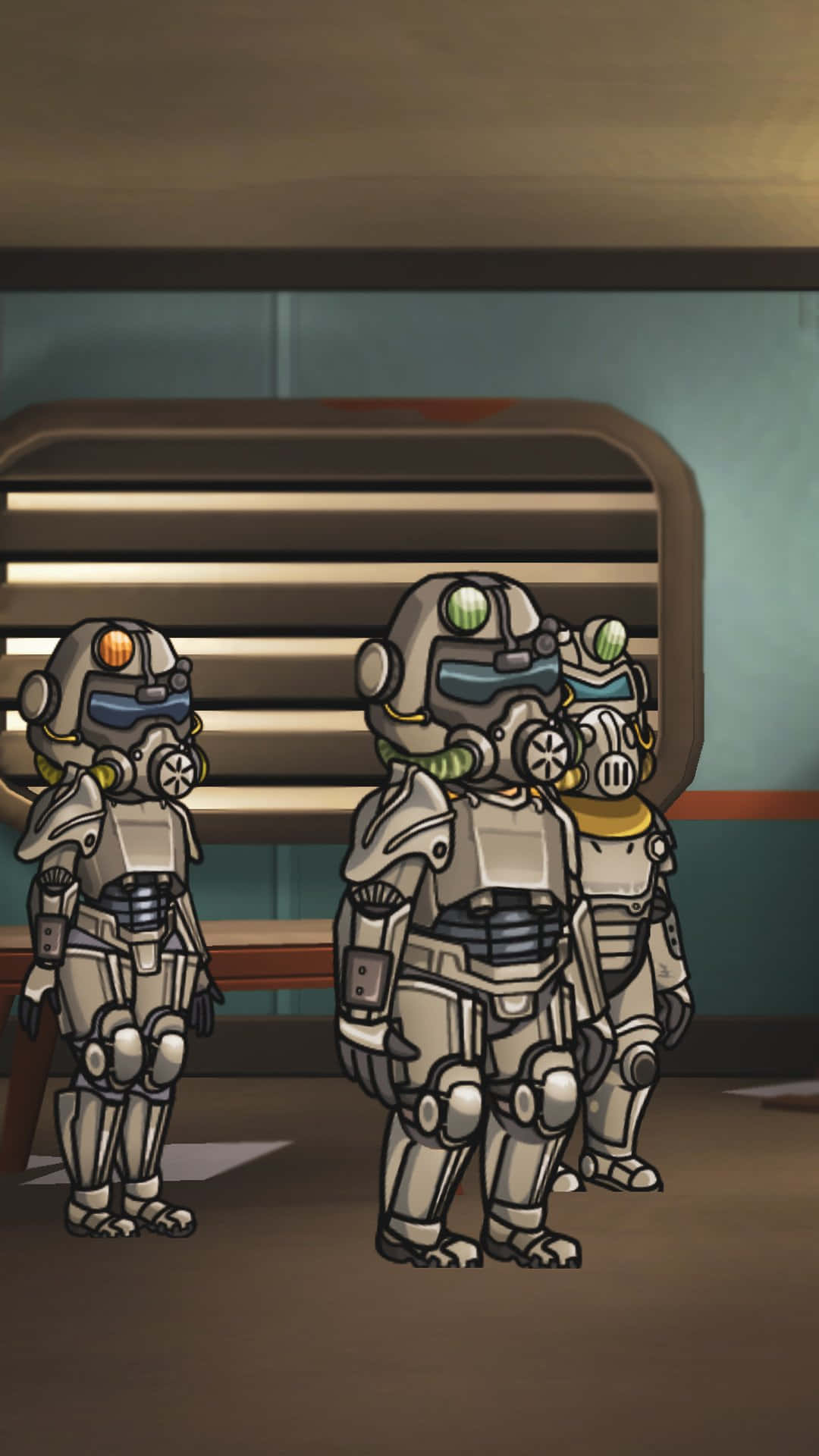 Fallout Shelter 桌布 壁紙 — 三套風格化的後末日動力裝甲服站在一個光線昏暗的房間裡，身後有一個大型通風口。