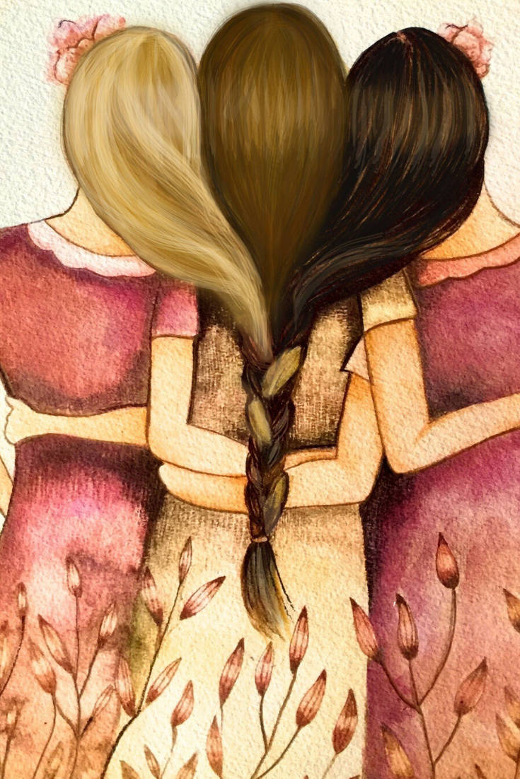三個編髮的女孩背對背站立，水彩藝術。