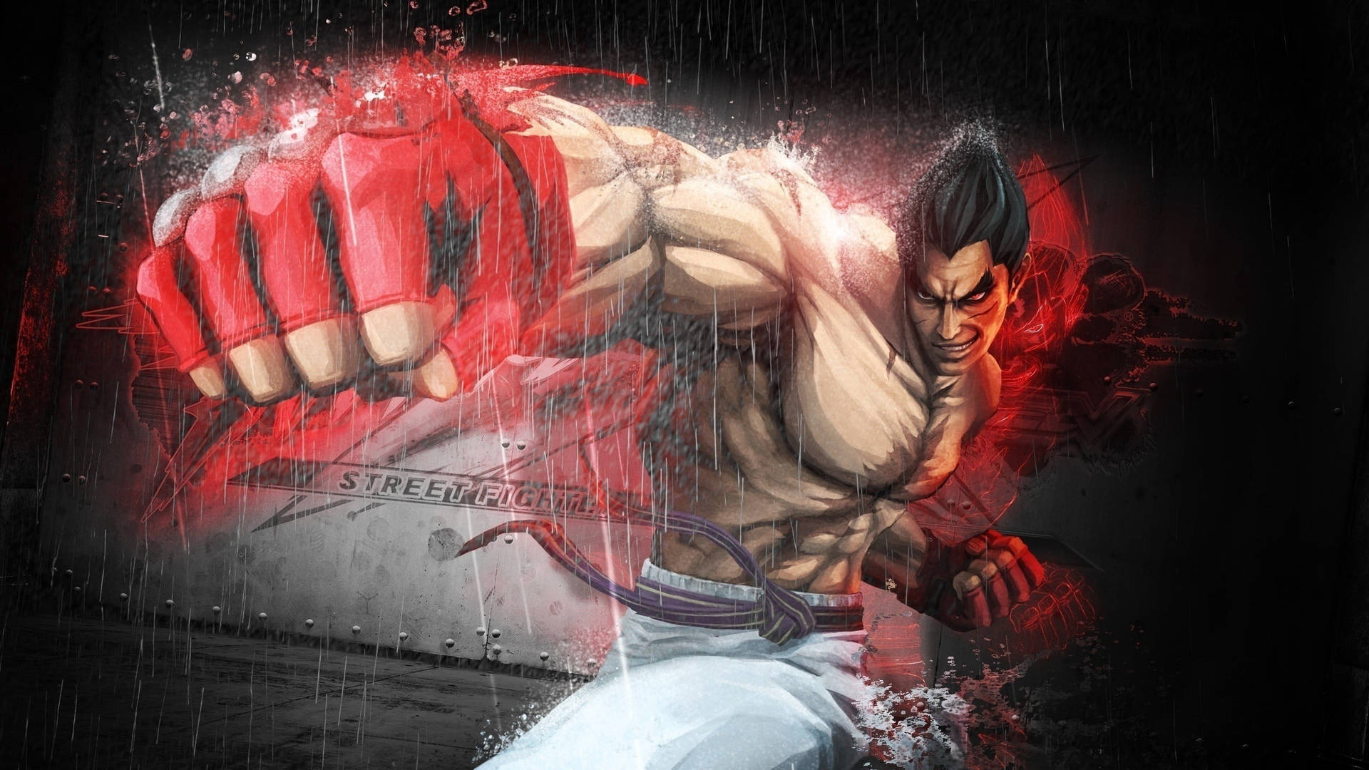 動畫戰士戴着紅色手套和血濺穿過雨水出拳。