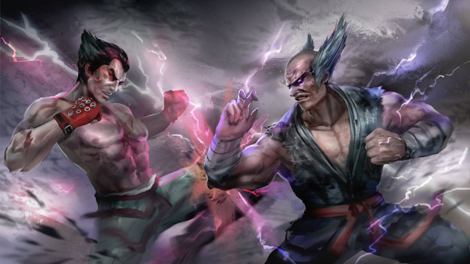 兩名動漫戰士在暴風雨的天空中以電能戰鬥。