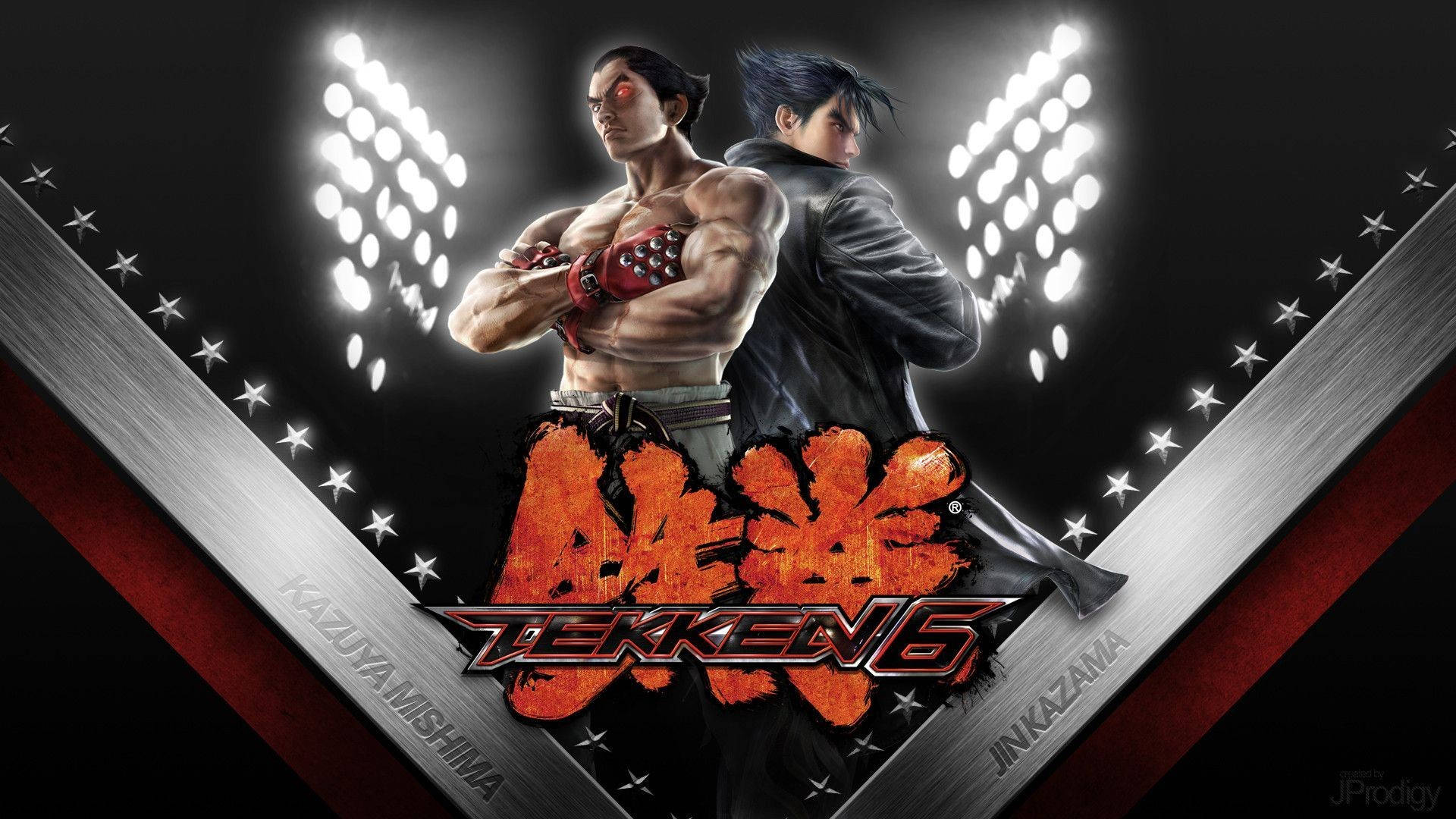 兩名 Tekken 6 戰士在體育場燈光下與遊戲標誌合影。