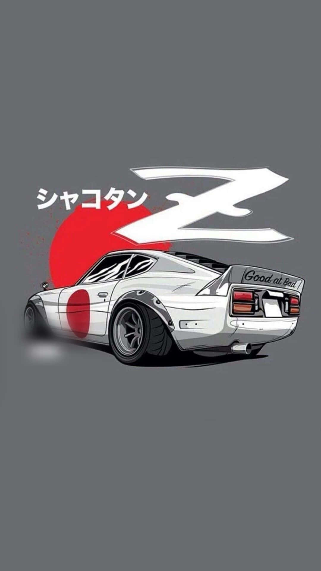 三幅 JDM 藝術作品 壁紙 — 一輛帶有紅色圓形裝飾和日文字體的白色日產Z風格汽車，在帶有紅色太陽圖案的灰色背景上奔馳。