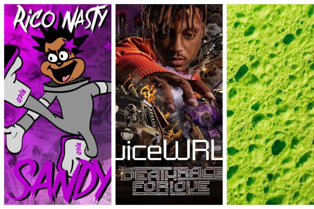 Juice WRLD 桌布 壁紙 — 三幅充滿活力的牆紙：紫色背景上的卡通角色、帶火焰的強烈說唱歌手、以及有紋理的綠色海綿。