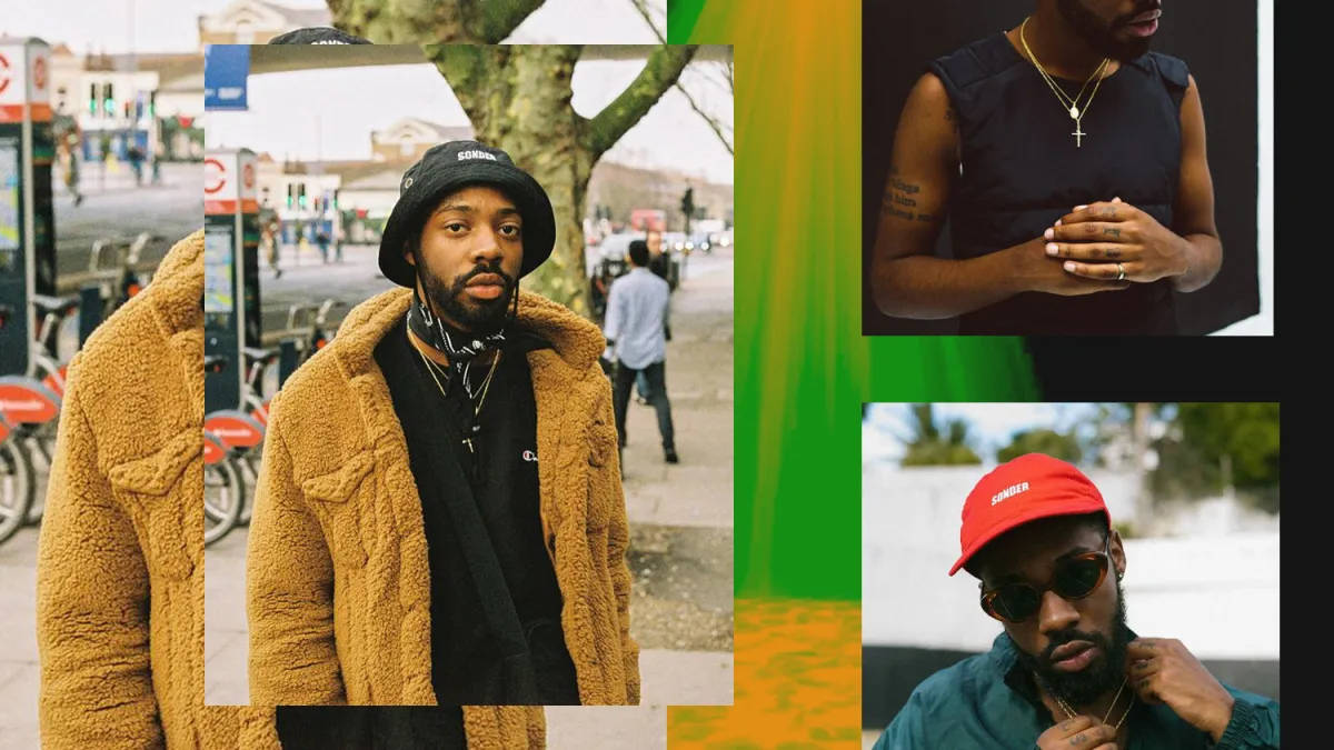 Brent Faiyaz 桌布 壁紙 — 三幅城市肖像的拼貼畫，以時尚男士穿著大膽街頭服飾，以城市背景和鮮豔色塊為特色。
