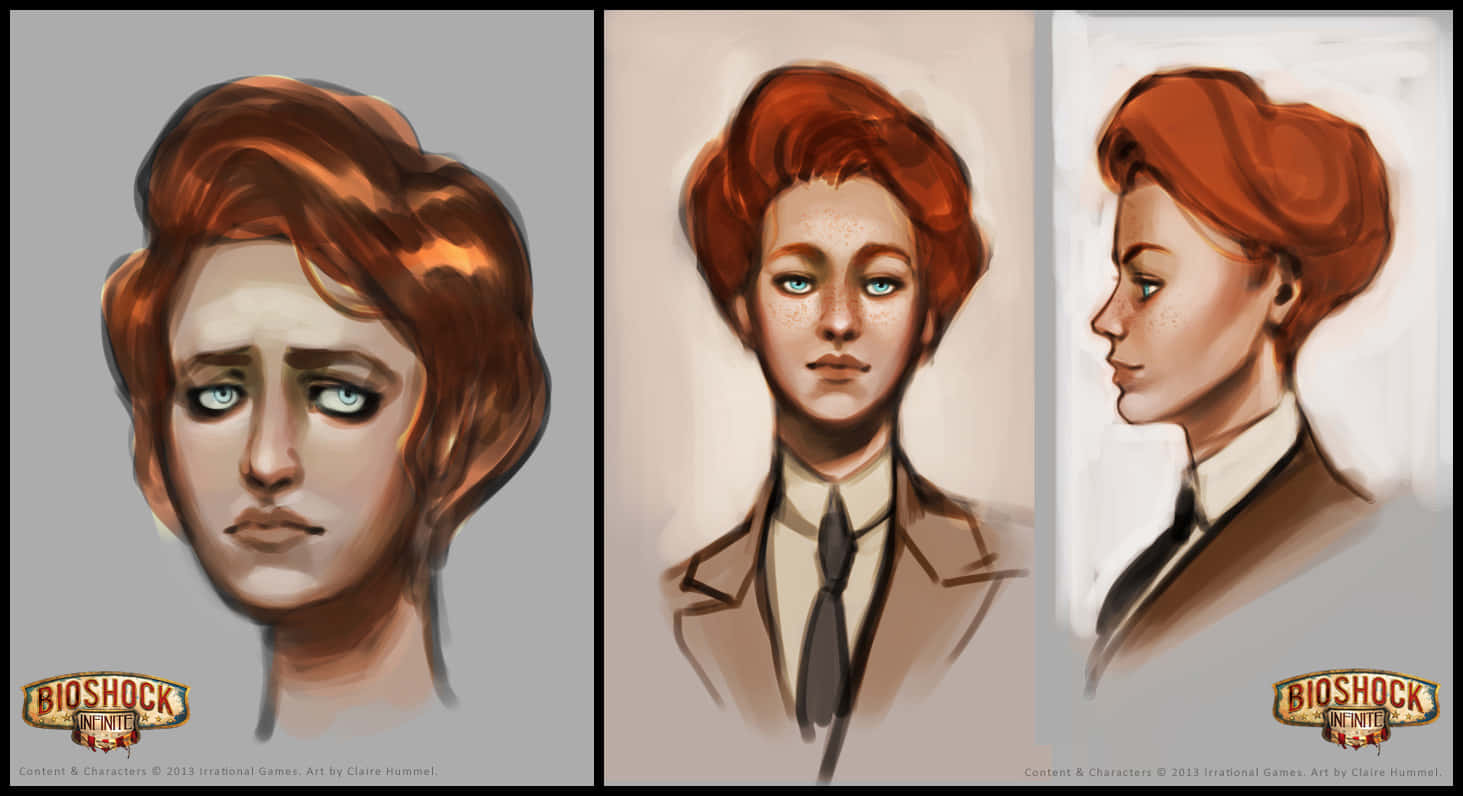 Bioshock Characters 桌布 壁紙 — 三幅插圖肖像，描繪一位紅髮藍眼、身穿西裝的女性，展示正面和側面視角。