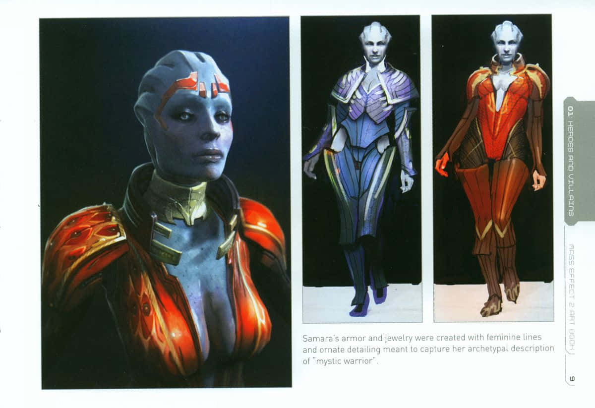 Mass Effect Samara 桌布 壁紙 — 三幅概念藝術面板展示一位女性外星戰士，身穿華麗盔甲，帶有紅色、金色和藍色點綴，背景為深色。
