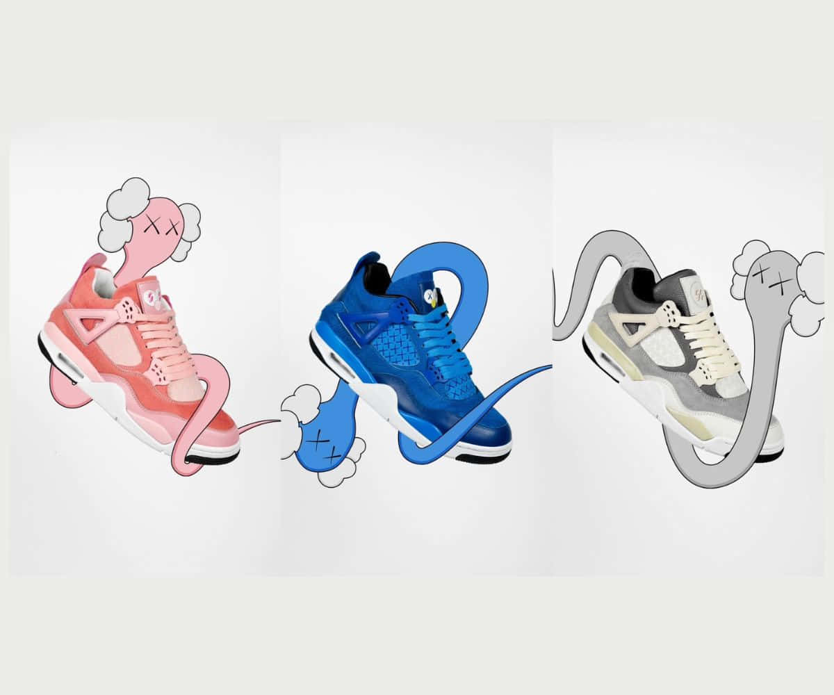 Kaws X Air Jordan 桌布 壁紙 — 三幅運動鞋插圖，卡通煙霧幽靈從中冒出，背景簡潔。