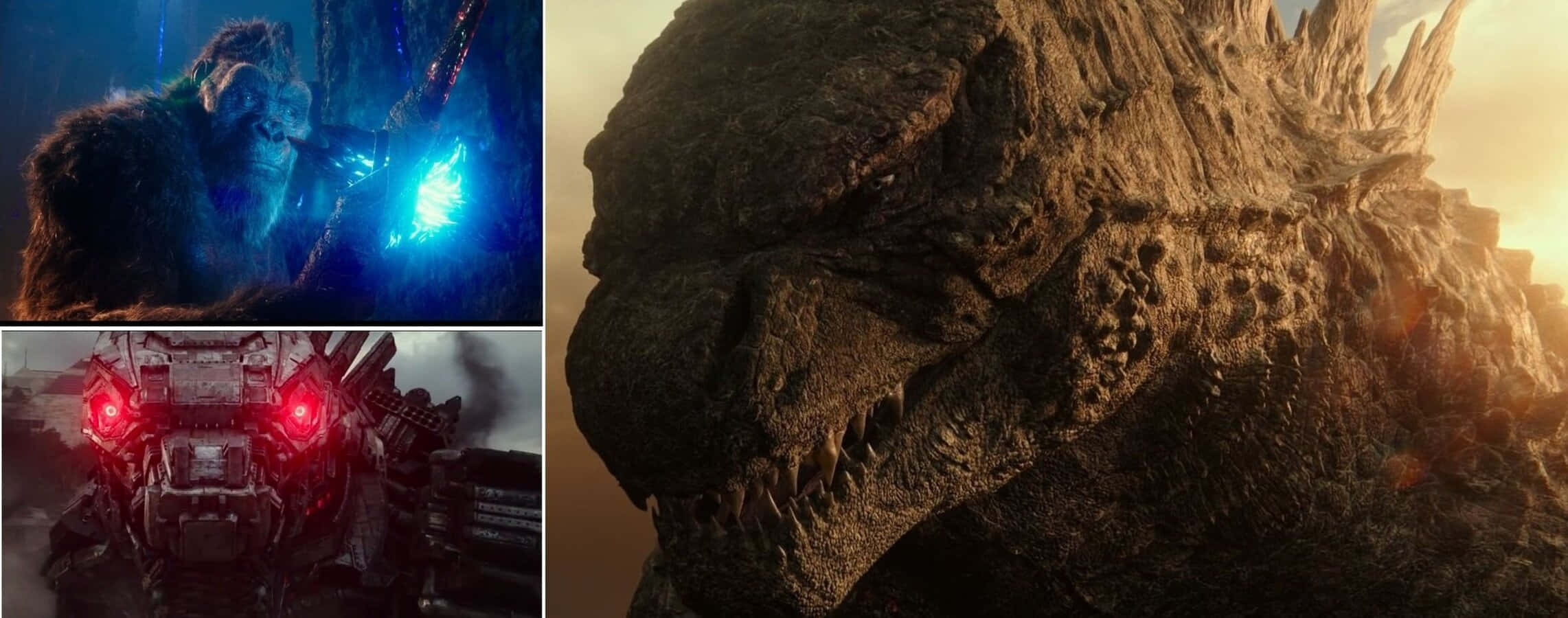 Robot Godzilla 桌布 壁紙 — 三幅電影場景的拼貼：一隻生物手持的發光藍色武器、紅色眼睛的機甲，以及哥斯拉紋理頭部的特寫。