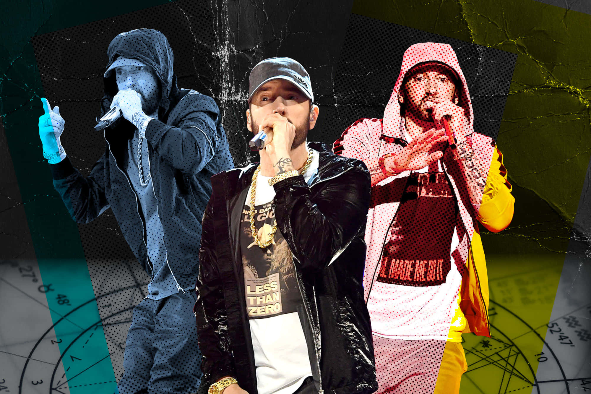 Eminem 桌布 壁紙 — 三幅風格化的Eminem肖像，穿著不同服裝在帶有占星符號的裂紋幾何背景前說唱。