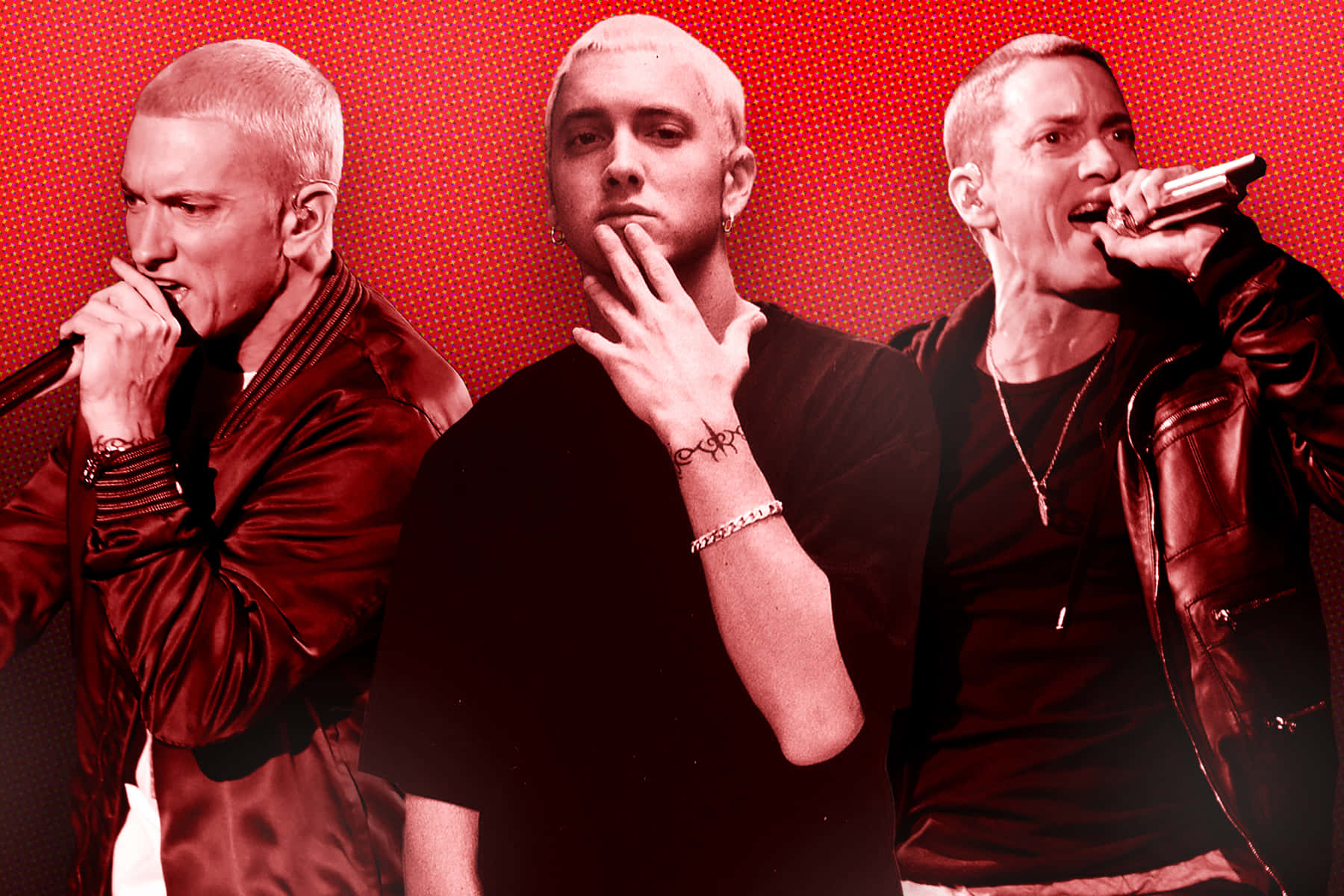 Eminem 桌布 壁紙 — 三幅風格化的Eminem表演姿勢肖像，背景為大膽的紅色半色調。