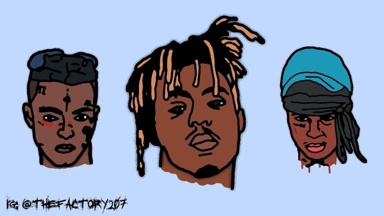 Juice WRLD 桌布 壁紙 — 三幅風格化的插圖肖像，描繪了黑人男性，擁有獨特的髮型和頭飾，背景為純淺藍色。