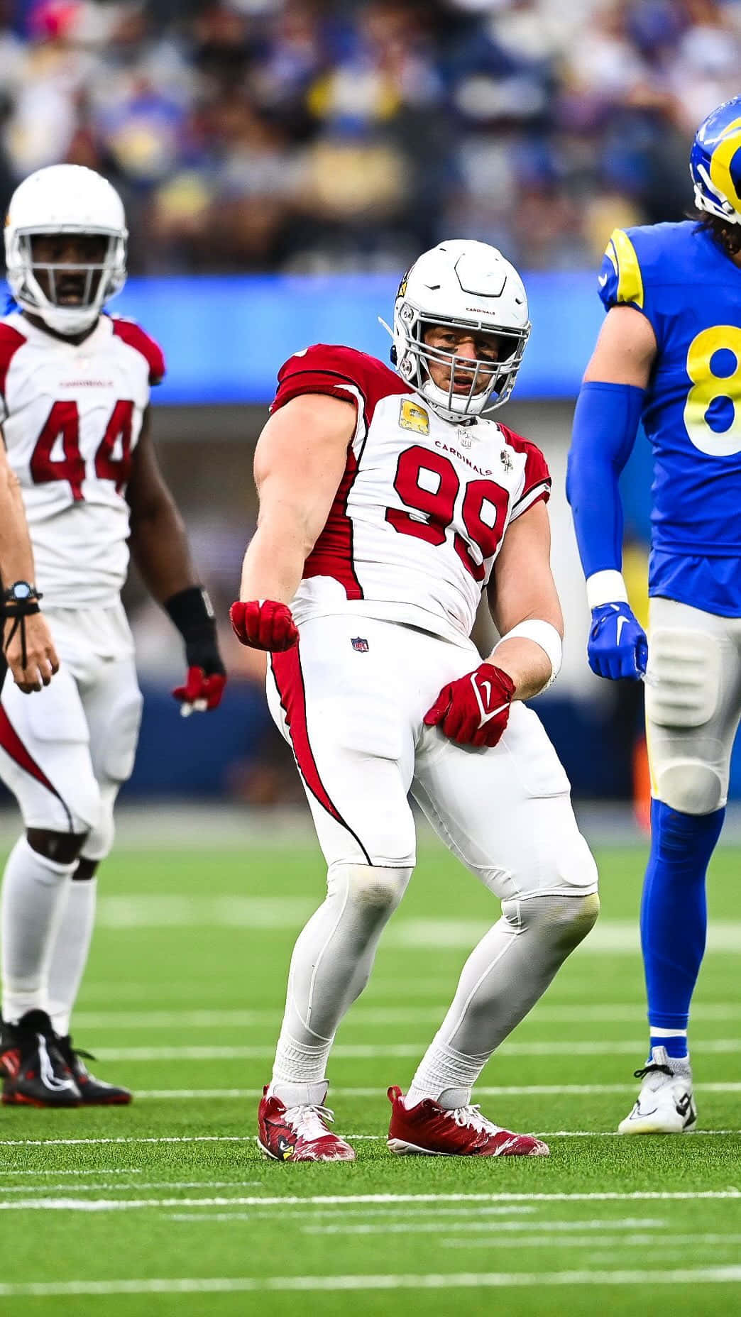 比賽期間，身穿紅白球衣的NFL美式足球員在綠色球場上。