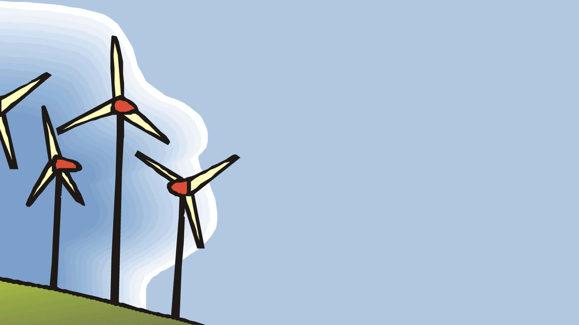 Energy 桌布 壁紙 — 三座風格化的風力發電機矗立在綠色山丘上，背景是帶有白雲的柔和藍天。