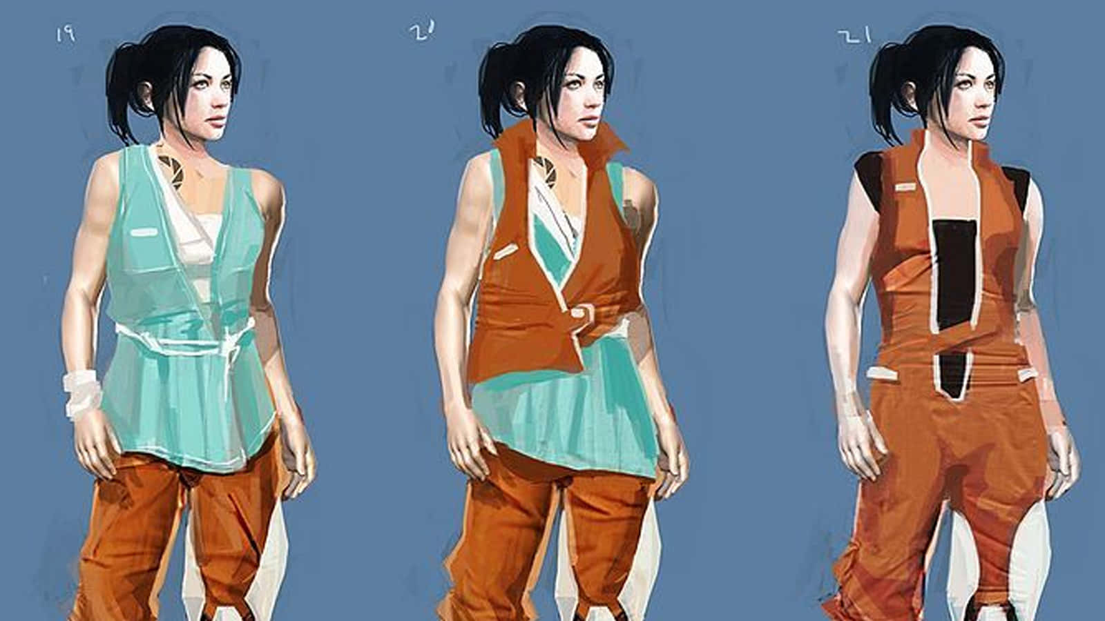 Portal Characters 桌布 壁紙 — 三張角色設計草圖顯示一位女性穿著逐漸變為橙色的戰術服裝，背景為純藍色。