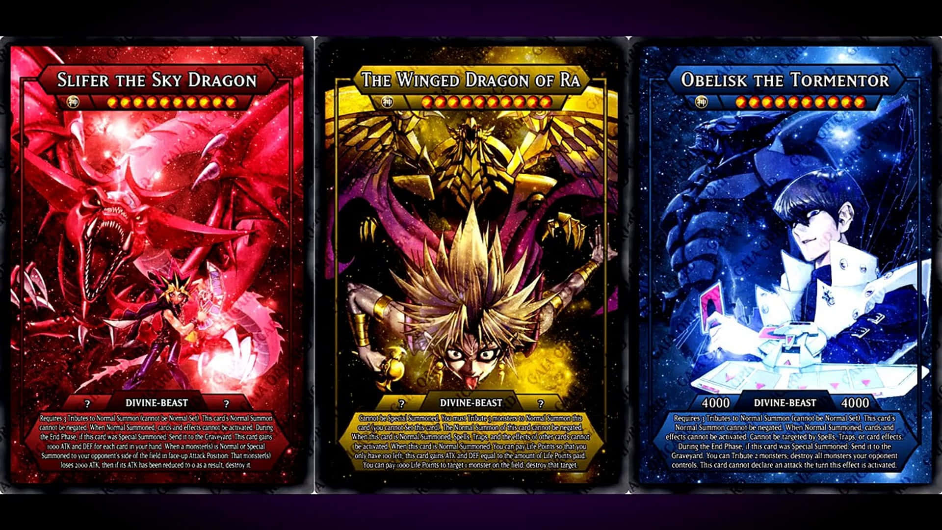 The Winged Dragon Of Ra 桌布 壁紙 — 三張遊戲王！神獸怪獸卡，描繪了天空龍斯拉夫、拉的翼神龍和歐貝利斯克的巨神兵，以鮮豔的動漫藝術呈現。