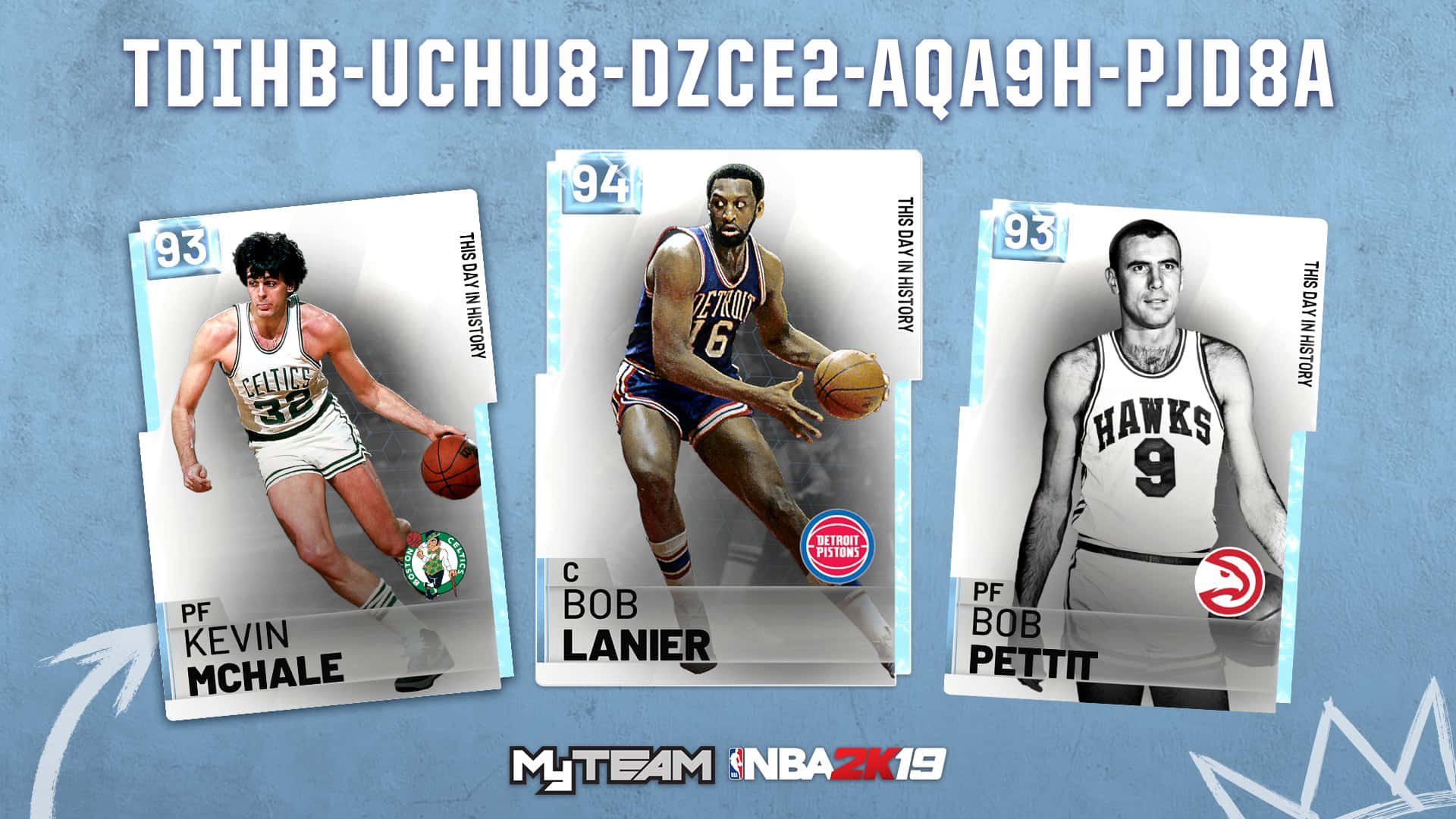 來自MyTeam NBA 2K19的三張NBA球員卡，以Kevin McHale、Bob Lanier和Bob Pettit為特色。