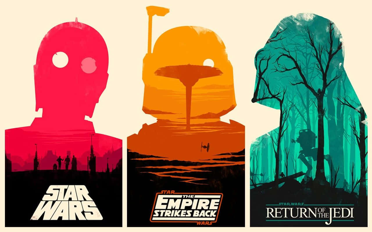 Cool Star Wars 桌布 壁紙 — 三張風格化的星際大戰電影海報， featuring C-3PO、一個有TIE戰機的沙漠星球，以及一個有絕地武士剪影的森林。